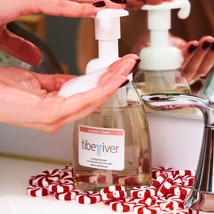 Candy Cane Hand Soap being pumped on hand
